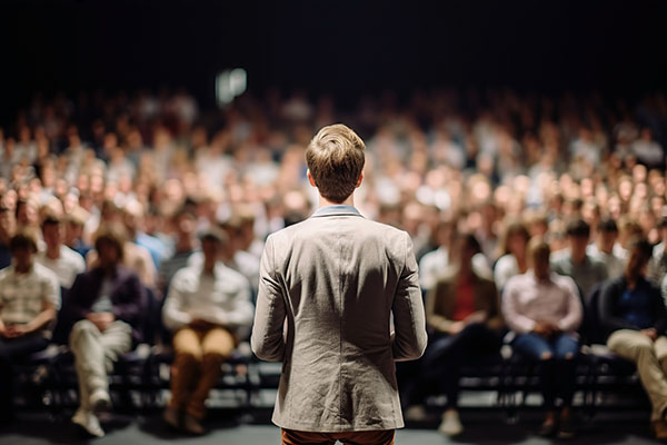 Homme prenant la parole devant une salle remplit - Optimiser sa prise de parole en public