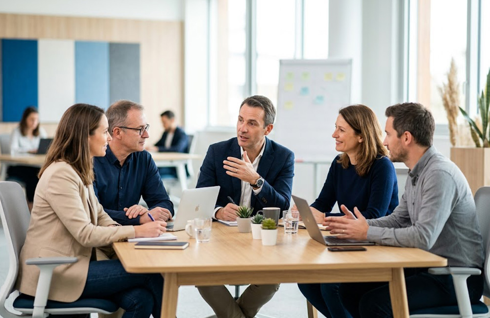 Groupe de managers en séance d’analyse de pratiques managériales autour d’une table de réunion Groupe de managers en séance d'analyse de pratiques managériales autour d'une table de réunion